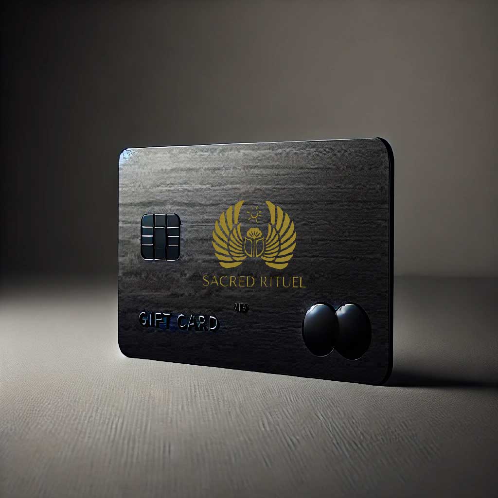 Black bottle of Sacred Body Oil with golden label and oil droplets.