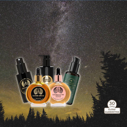 The Solstice Set: five full-size Sacred Rituel bottles beneath the Milky Way